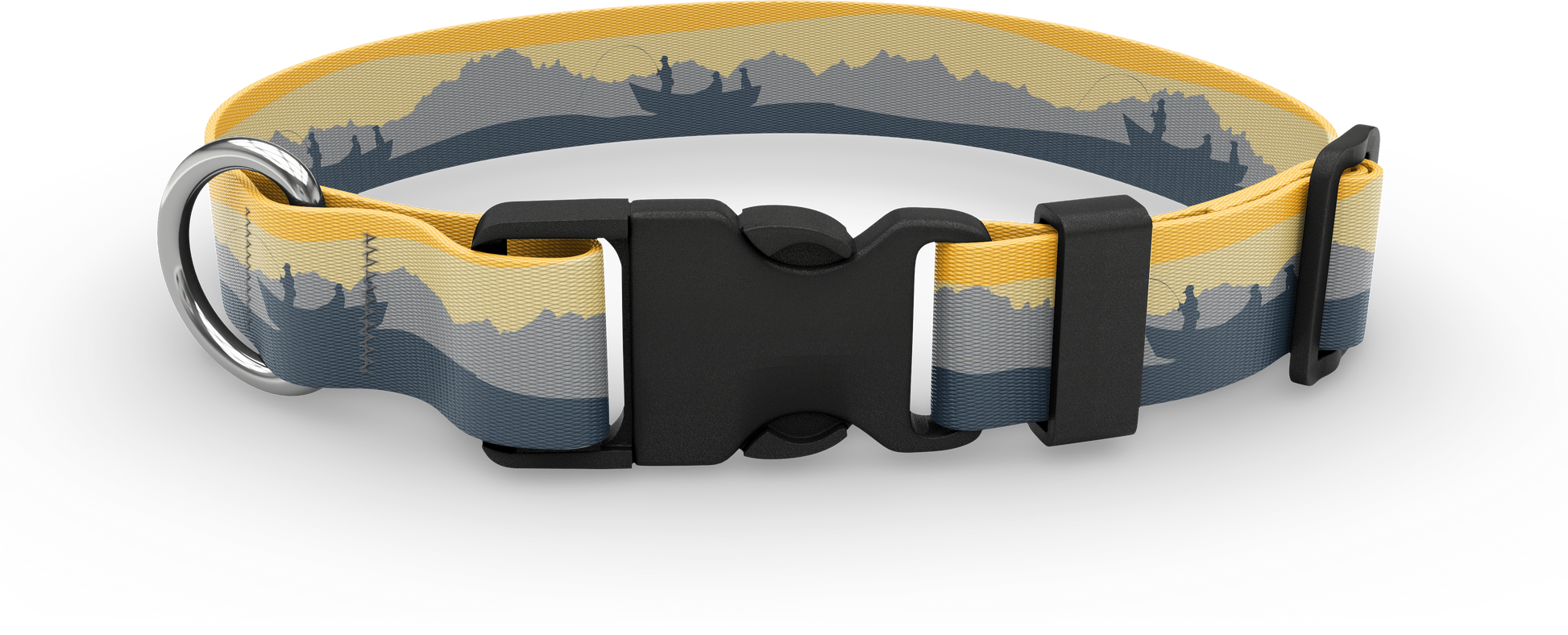 A dog collar with a black buckle and silver ring  with silhouette a mountain range in the background and 3 people fishing from a bot in the foreground