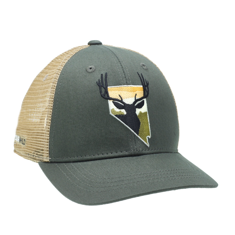 A hat with tan mesh in back and green fabric in front has the state of nevada and a mule deer inside of it