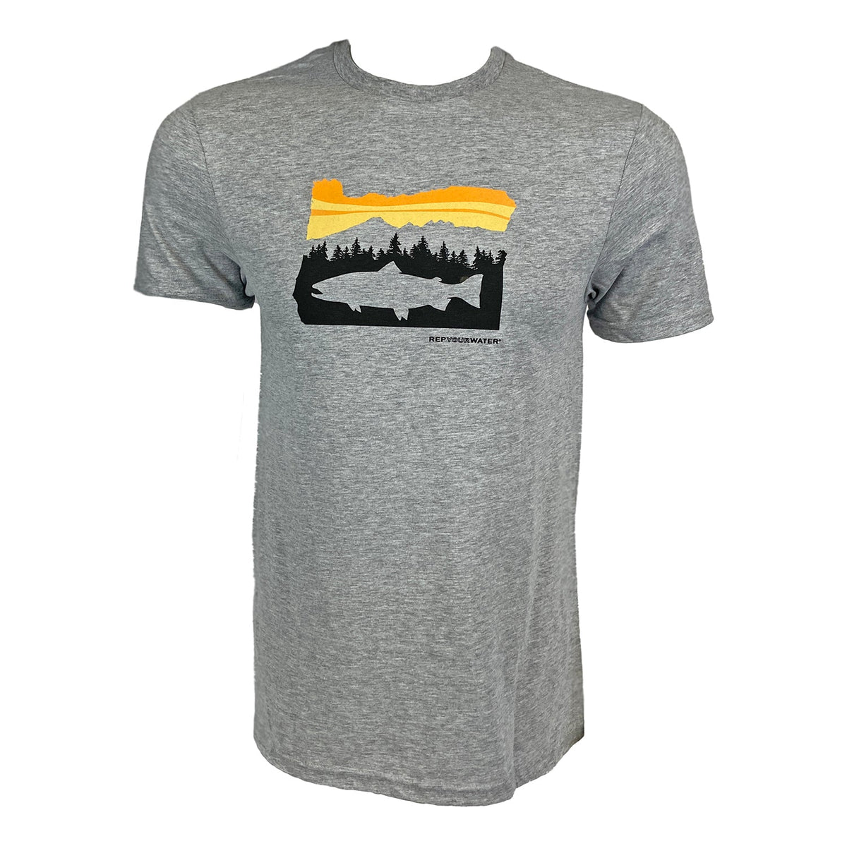 Gray tee shown from the front with Oregon silhouette made from mountain scene with trout silhouette on the chest.