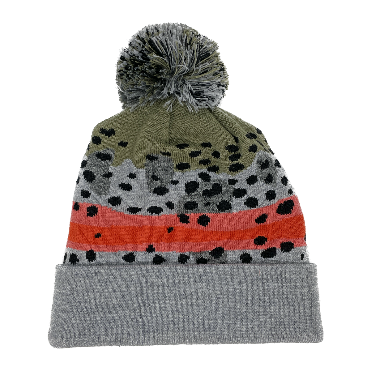 A winter hat imitating rainbow trout skin with a gray and green poof on top and a light grey cuff
