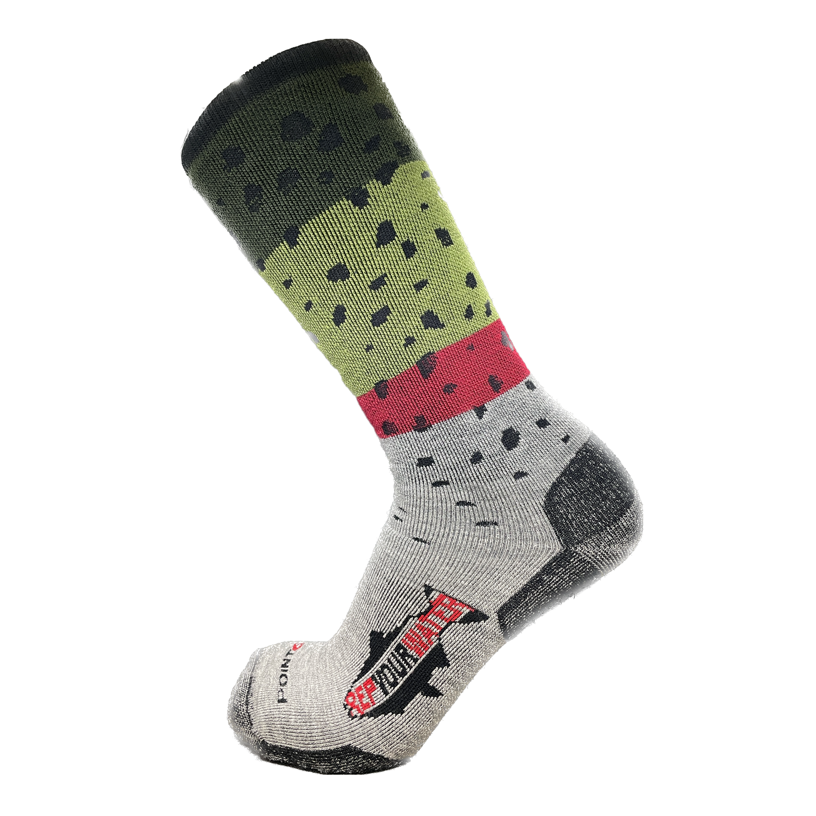 A sock with the pattern of a rainbow trout also has a logo on the foot that reads repyourwater in a trout silhouette