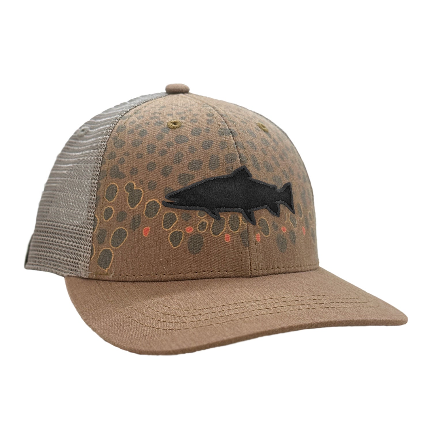 a hat with white mesh back and light brown front. The front features a brown trout flank design and a big trout silhouette in black