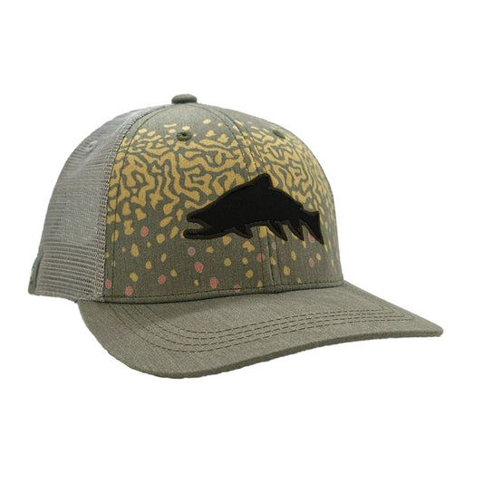 a hat with a white mesh back and green front and bill. the front features a brook trout skin design with a big trout black silhouette