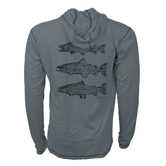 a slate blue hoody features three artistically rendered trout