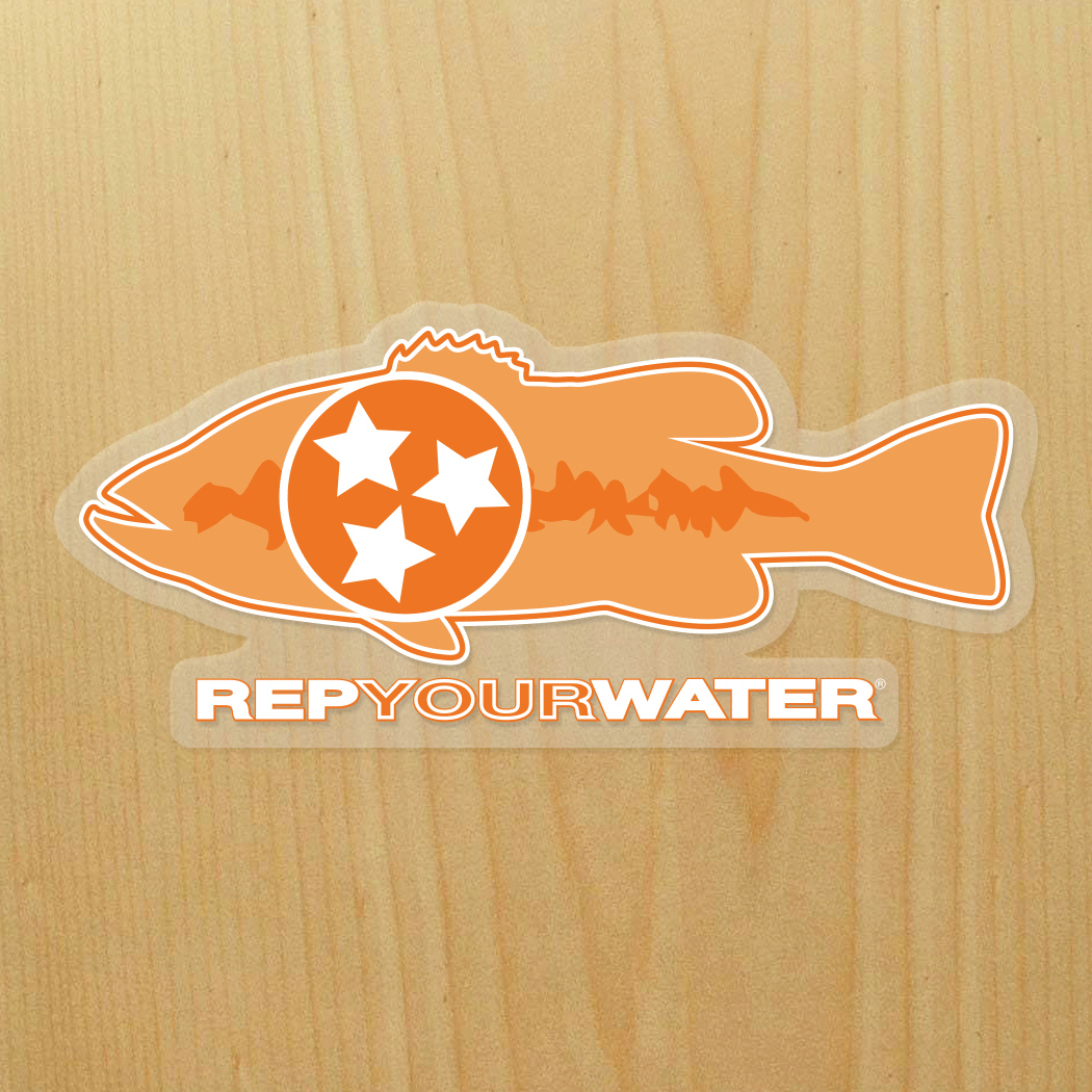 A sticker on a wood background features a bass with a circle filled with three stars inside of it above the words repyourwater