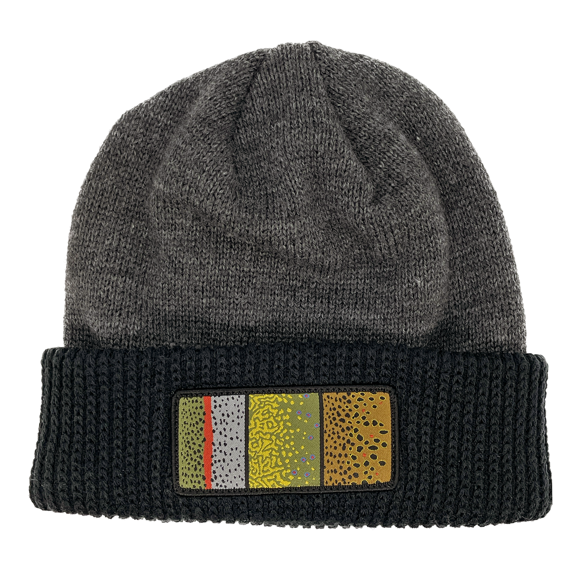 A gray winter hat with a black cuff and a rectangular patch on the cuff with rainbow trout brook trout and brown trout skin on it