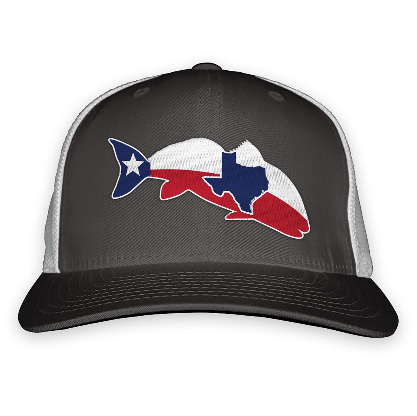 gray hat with white mesh back with the silhouette of a redfish with the texaas flag and the state of texas silhouette in the fish