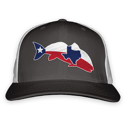 gray hat with white mesh back with the silhouette of a redfish with the texaas flag and the state of texas silhouette in the fish